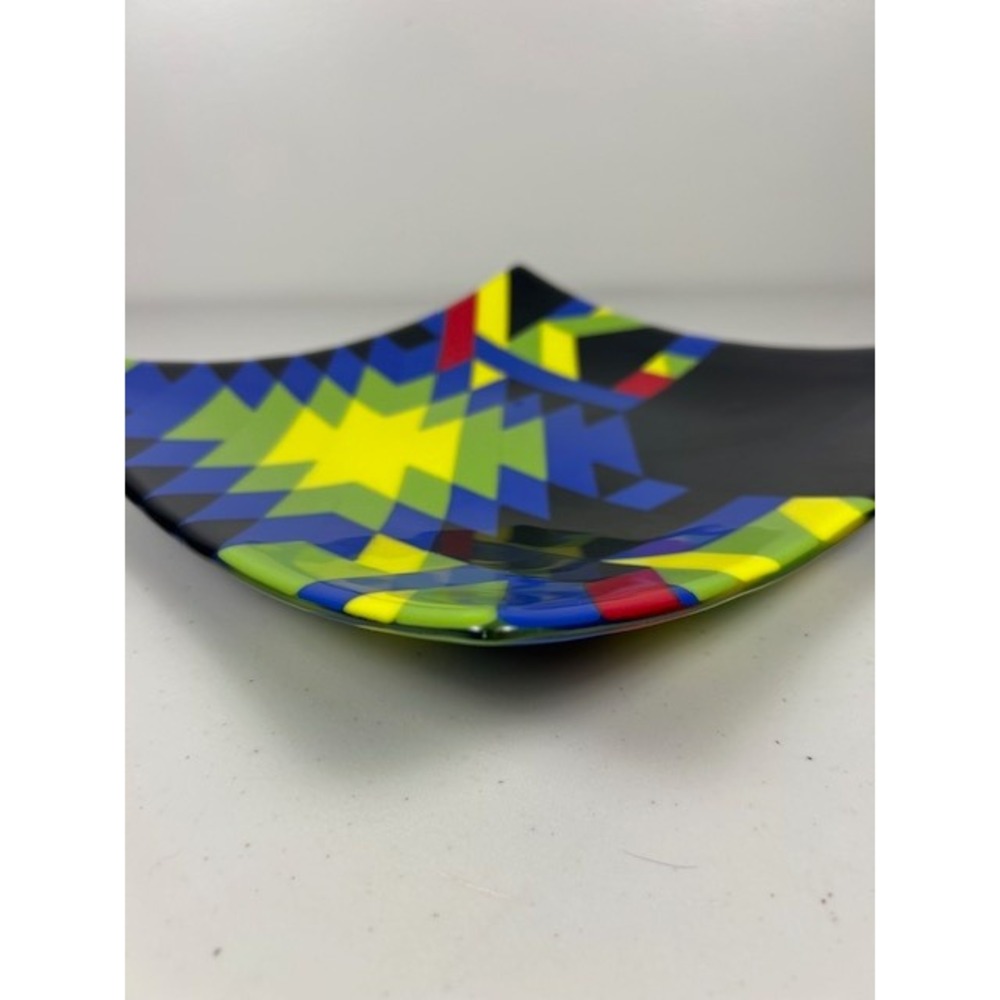 Handcrafted Fused Glass Square Console Abstract Geometric Black Blue Yellow 12in - Picture 10 of 10
